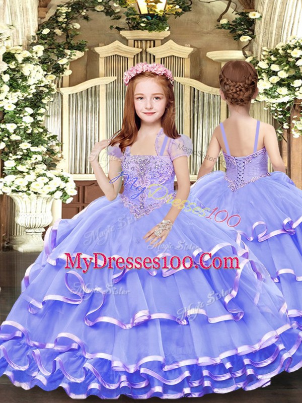 Lavender Organza Lace Up Strapless Sleeveless Floor Length Vestidos de Quinceanera Beading and Ruffled Layers