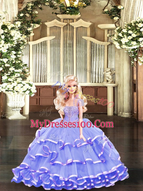 Lavender Organza Lace Up Strapless Sleeveless Floor Length Vestidos de Quinceanera Beading and Ruffled Layers