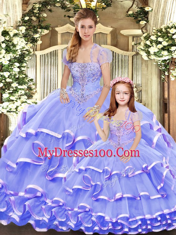 Lavender Organza Lace Up Strapless Sleeveless Floor Length Vestidos de Quinceanera Beading and Ruffled Layers