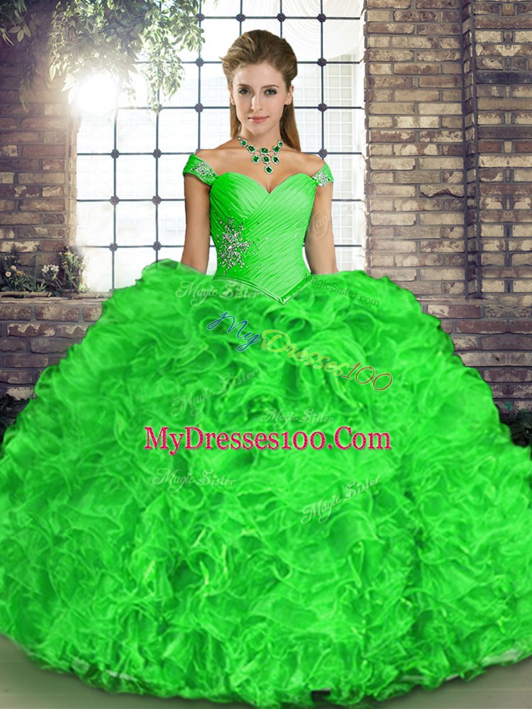Cheap Floor Length Green Ball Gown Prom Dress Organza Sleeveless Beading and Ruffles