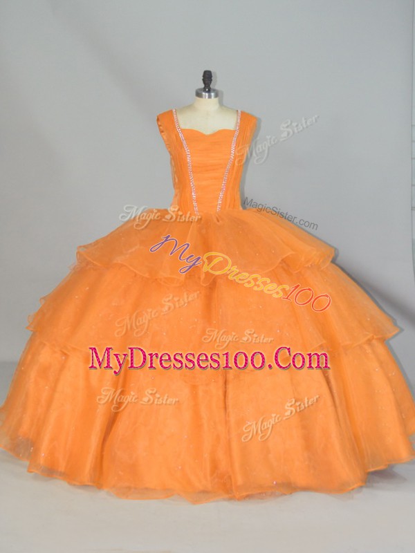 Orange Ball Gowns Straps Sleeveless Organza Floor Length Lace Up Beading and Ruffled Layers and Ruching Sweet 16 Quinceanera Dress