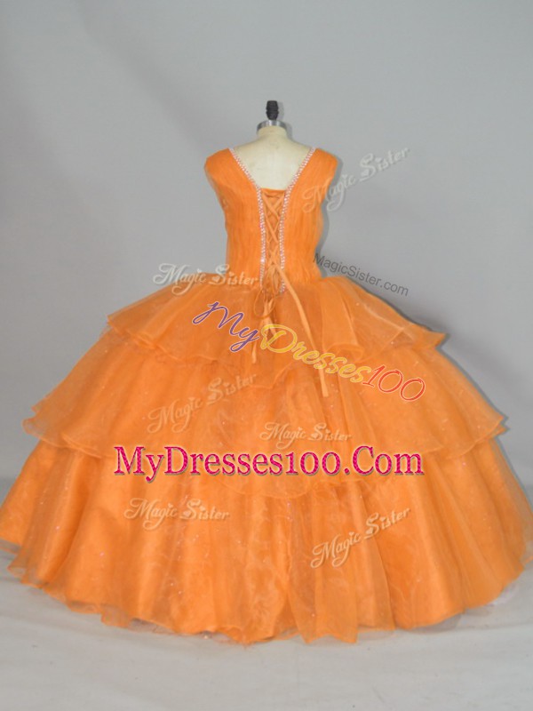Orange Ball Gowns Straps Sleeveless Organza Floor Length Lace Up Beading and Ruffled Layers and Ruching Sweet 16 Quinceanera Dress