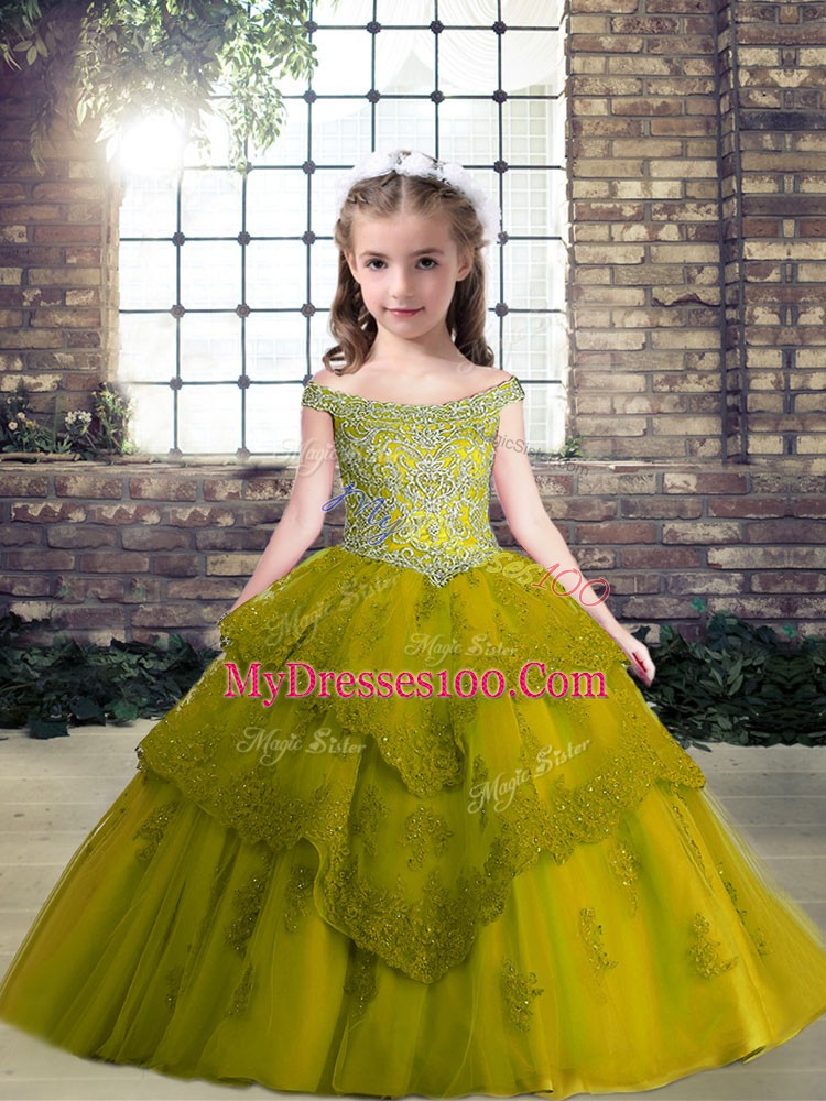Tulle Sleeveless Floor Length Little Girls Pageant Gowns and Beading and Appliques