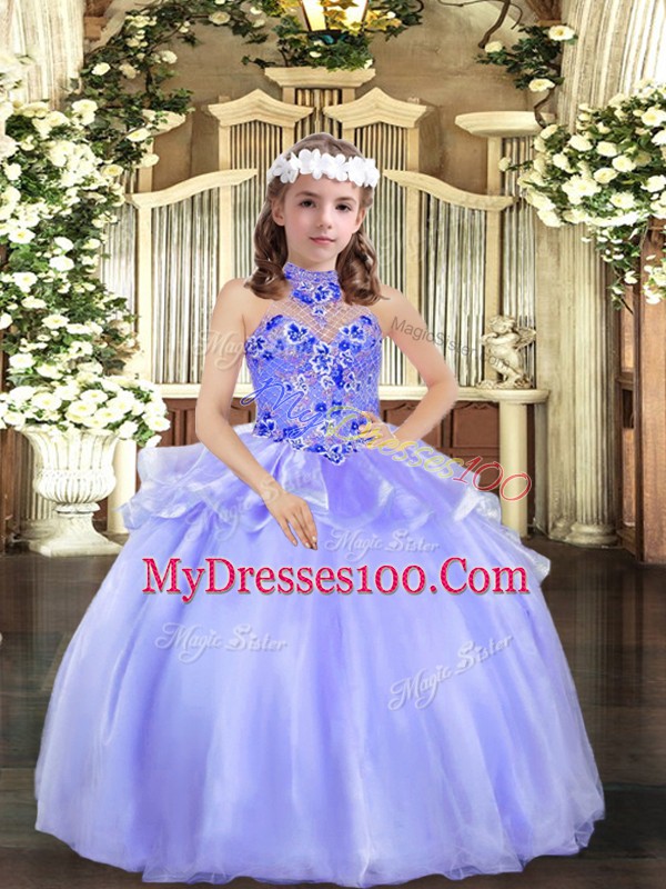 Top Selling Lavender Lace Up Child Pageant Dress Appliques Sleeveless Floor Length