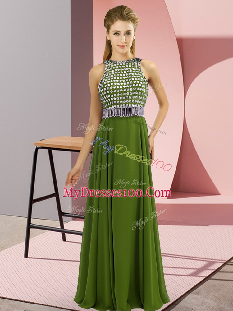Olive Green Chiffon Side Zipper Scoop Sleeveless Floor Length Beading