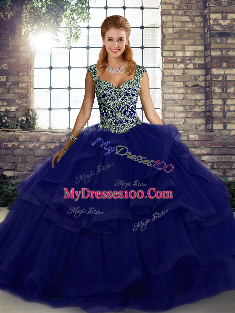 Sleeveless Tulle Floor Length Lace Up Vestidos de Quinceanera in Purple with Beading and Ruffles