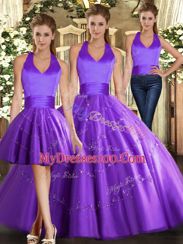 Shining Purple Tulle Lace Up Halter Top Sleeveless Floor Length Vestidos de Quinceanera Beading