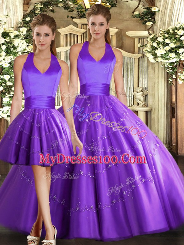 Shining Purple Tulle Lace Up Halter Top Sleeveless Floor Length Vestidos de Quinceanera Beading
