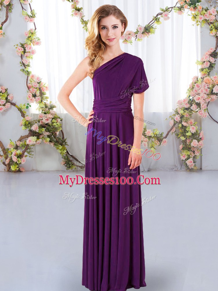 Sleeveless Chiffon Floor Length Criss Cross Bridesmaids Dress in Purple with Ruching