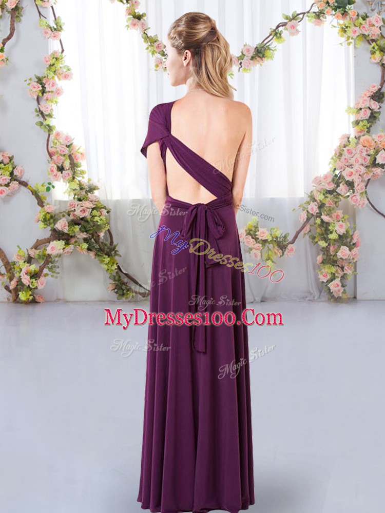 Sleeveless Chiffon Floor Length Criss Cross Bridesmaids Dress in Purple with Ruching