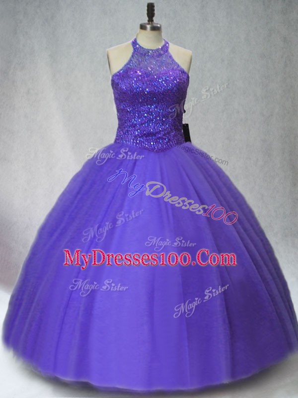Purple Halter Top Neckline Beading Quinceanera Gowns Sleeveless Lace Up