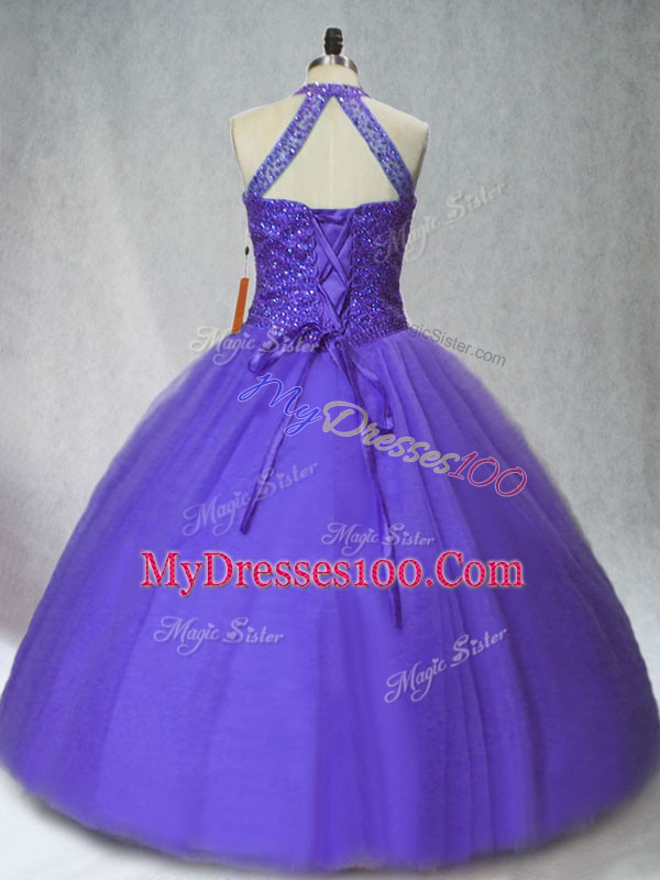 Purple Halter Top Neckline Beading Quinceanera Gowns Sleeveless Lace Up