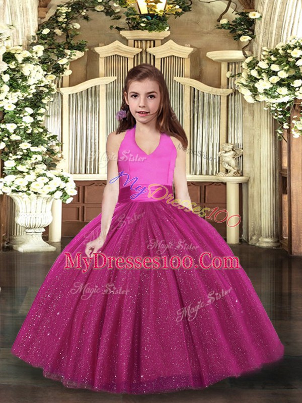Tulle Halter Top Sleeveless Lace Up Ruching Pageant Dress in Fuchsia