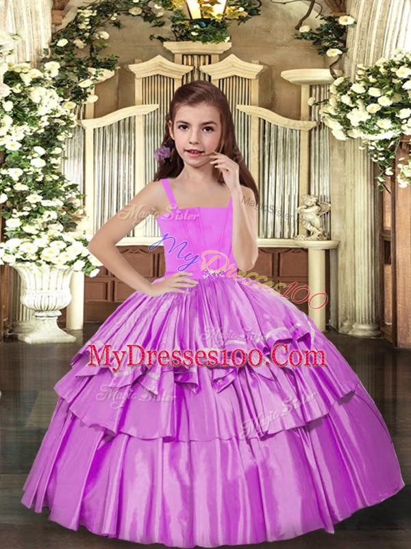 Simple Lilac Lace Up Little Girl Pageant Dress Ruffled Layers Sleeveless Floor Length
