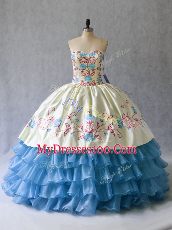 Satin and Organza Sleeveless Floor Length Vestidos de Quinceanera and Embroidery and Ruffled Layers