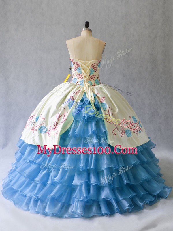 Satin and Organza Sleeveless Floor Length Vestidos de Quinceanera and Embroidery and Ruffled Layers