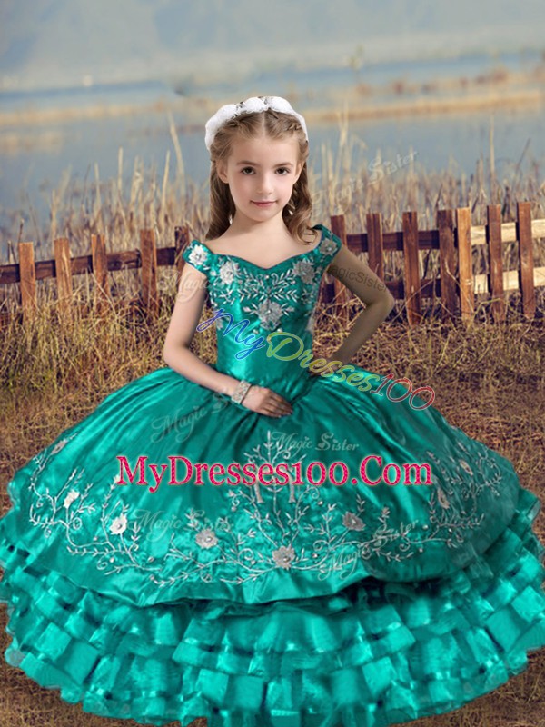 Beautiful Turquoise Satin and Organza Lace Up Little Girls Pageant Gowns Sleeveless Floor Length Embroidery and Ruffled Layers