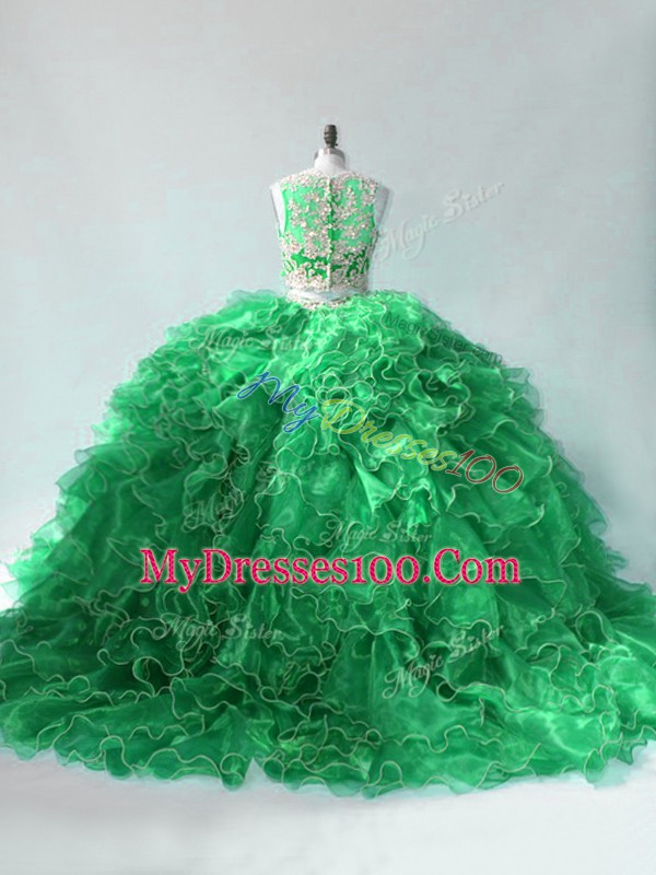 Spectacular Organza Scoop Sleeveless Brush Train Beading and Ruffles 15th Birthday Dress in Green