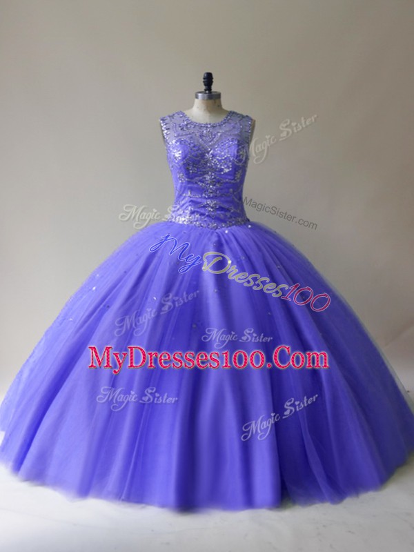 Fantastic Tulle Scoop Sleeveless Lace Up Beading Sweet 16 Dresses in Purple