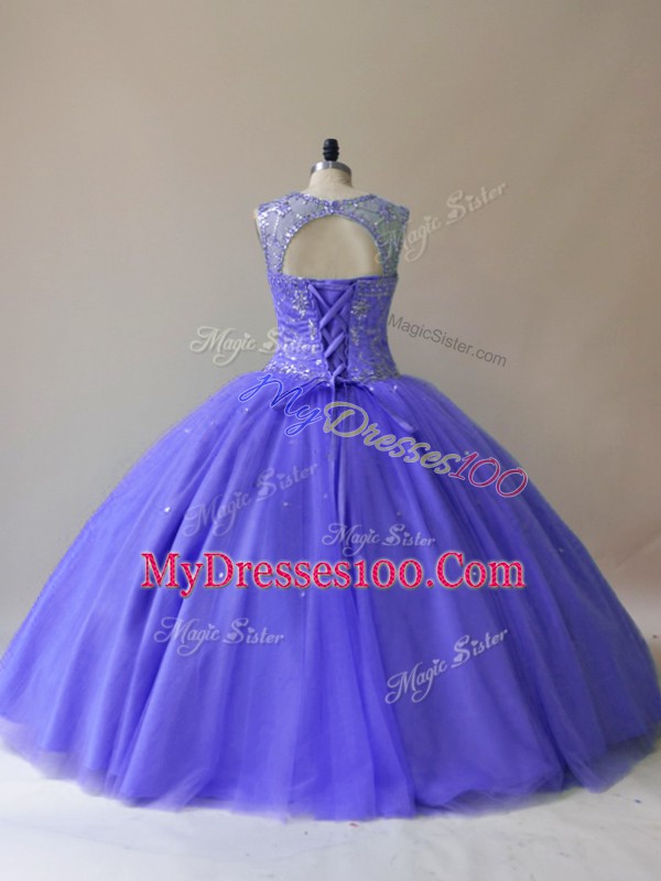 Fantastic Tulle Scoop Sleeveless Lace Up Beading Sweet 16 Dresses in Purple