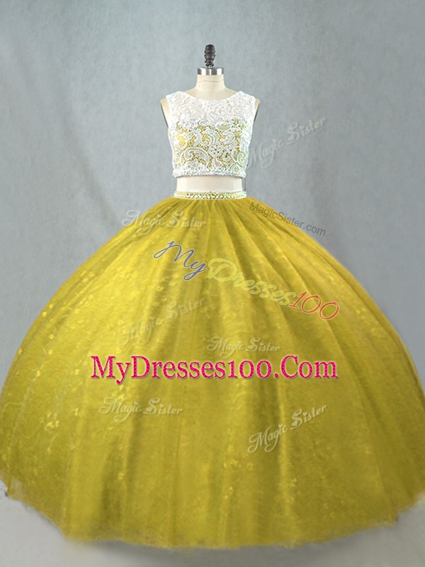 Affordable Olive Green Two Pieces Beading Vestidos de Quinceanera Zipper Tulle Sleeveless Floor Length