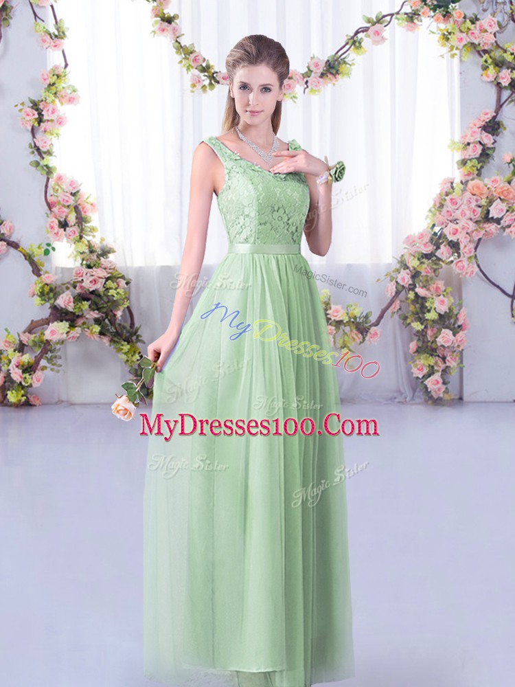 Dazzling Apple Green Side Zipper Bridesmaids Dress Lace and Belt Sleeveless Floor Length