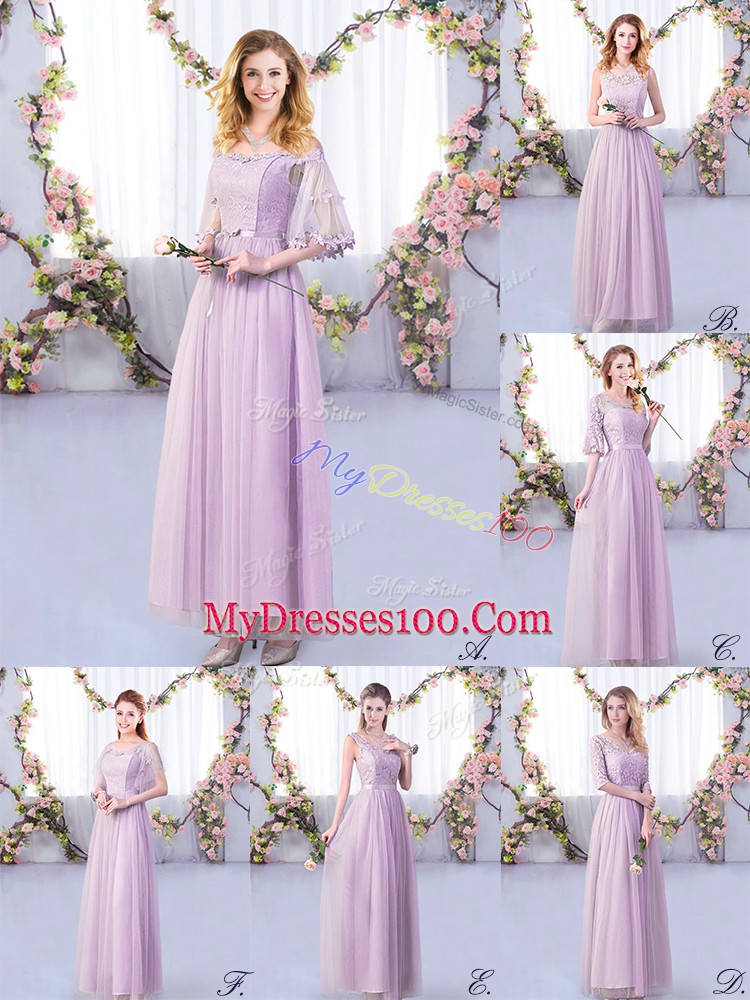 Clearance Lavender Quinceanera Court of Honor Dress Wedding Party with Lace and Belt Off The Shoulder Half Sleeves Side Zipper
