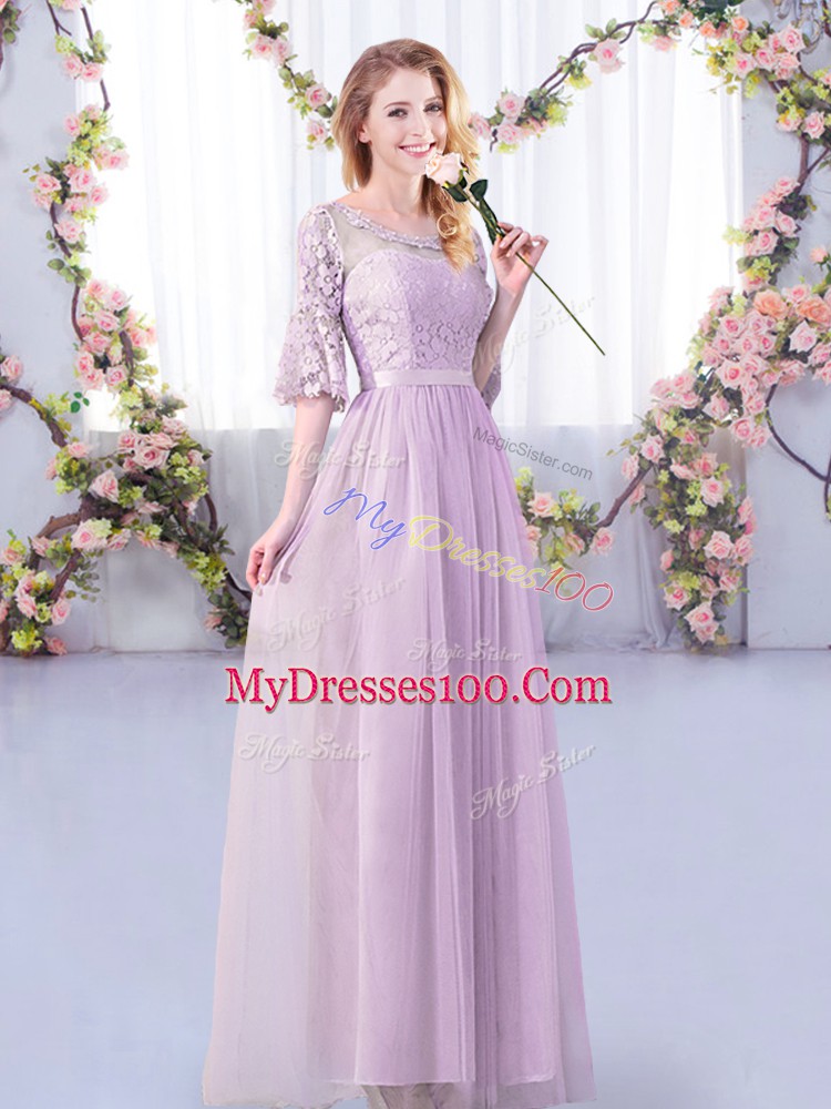 Clearance Lavender Quinceanera Court of Honor Dress Wedding Party with Lace and Belt Off The Shoulder Half Sleeves Side Zipper