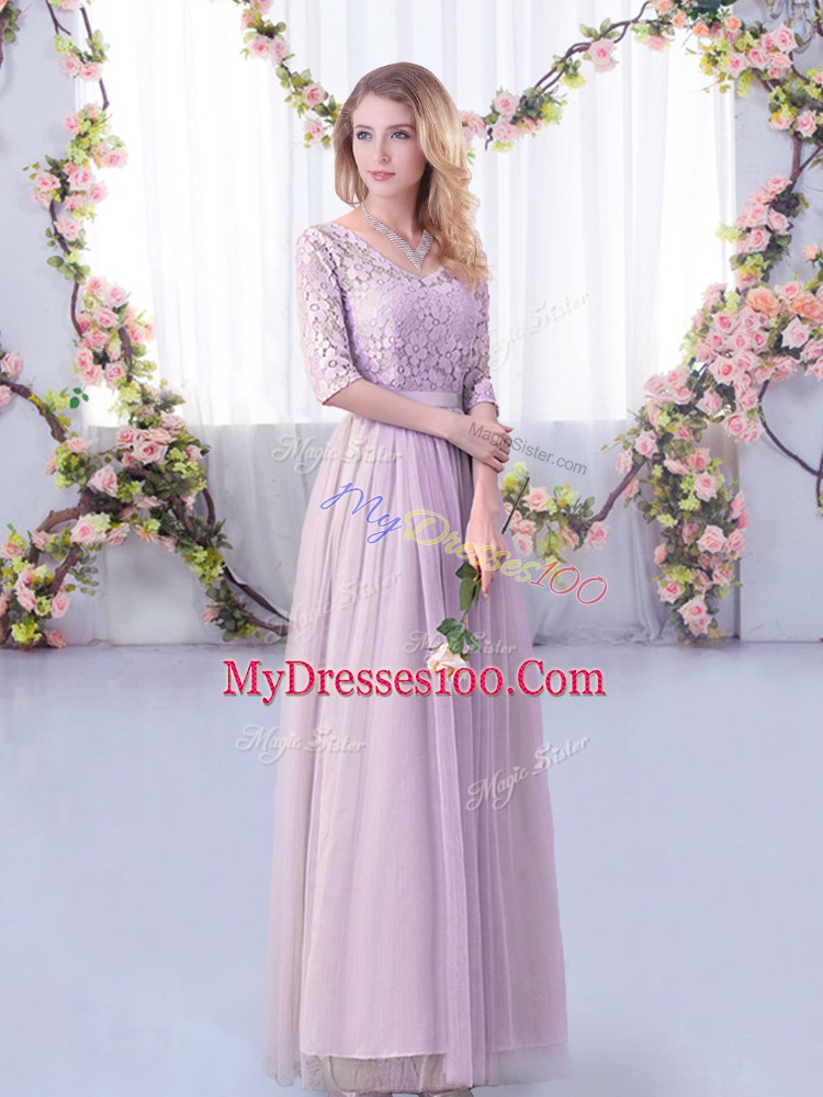 Clearance Lavender Quinceanera Court of Honor Dress Wedding Party with Lace and Belt Off The Shoulder Half Sleeves Side Zipper