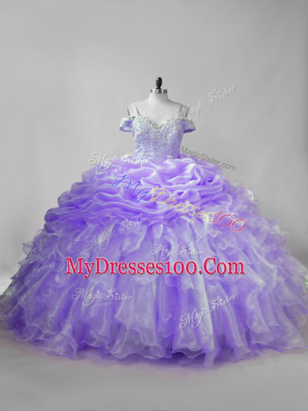 Free and Easy Lace Up Quinceanera Dress Lavender for Sweet 16 and Quinceanera with Beading and Ruffles and Pick Ups Brush Train
