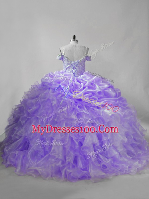 Free and Easy Lace Up Quinceanera Dress Lavender for Sweet 16 and Quinceanera with Beading and Ruffles and Pick Ups Brush Train