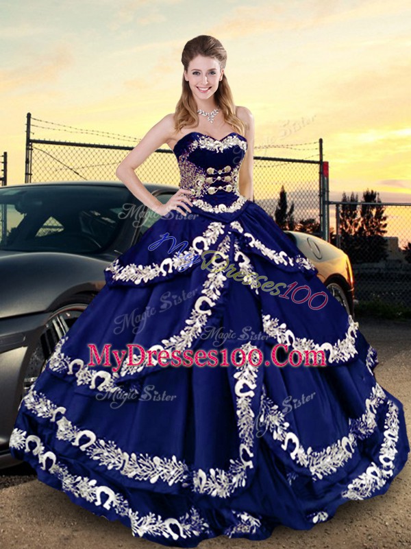 Fantastic Royal Blue Lace Up Sweetheart Embroidery and Ruffled Layers Sweet 16 Dresses Satin Sleeveless