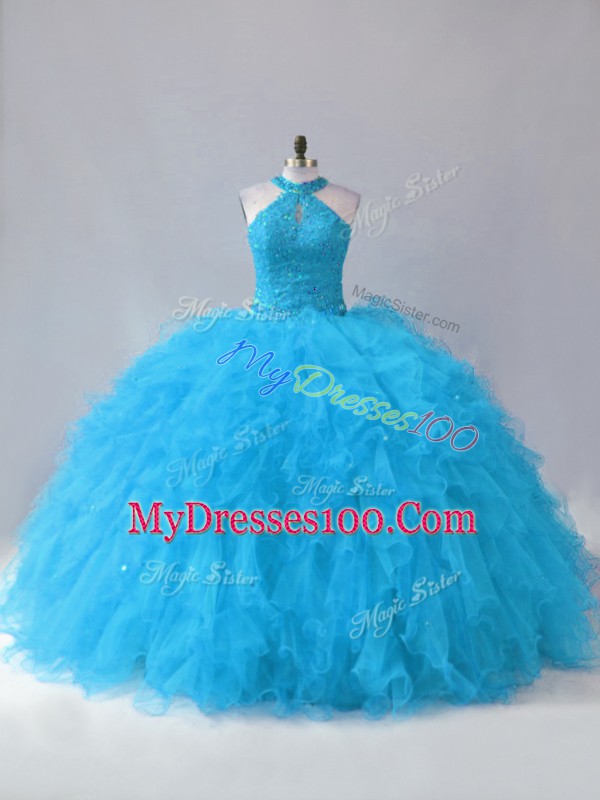Floor Length Lace Up Quince Ball Gowns Blue for Sweet 16 and Quinceanera with Beading and Ruffles