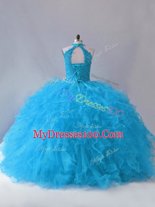 Floor Length Lace Up Quince Ball Gowns Blue for Sweet 16 and Quinceanera with Beading and Ruffles
