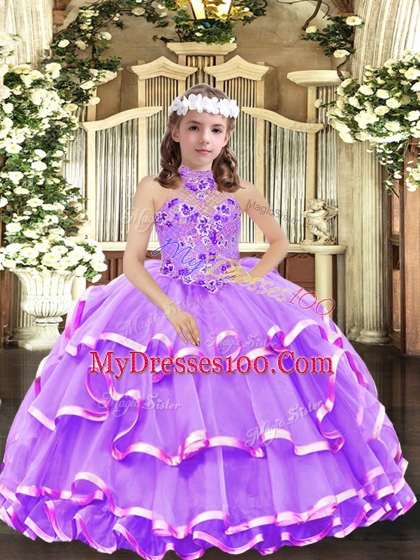 Organza Sleeveless Floor Length Little Girl Pageant Gowns and Appliques and Ruffled Layers