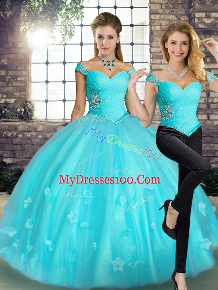 Beautiful Floor Length Two Pieces Sleeveless Aqua Blue Sweet 16 Quinceanera Dress Lace Up