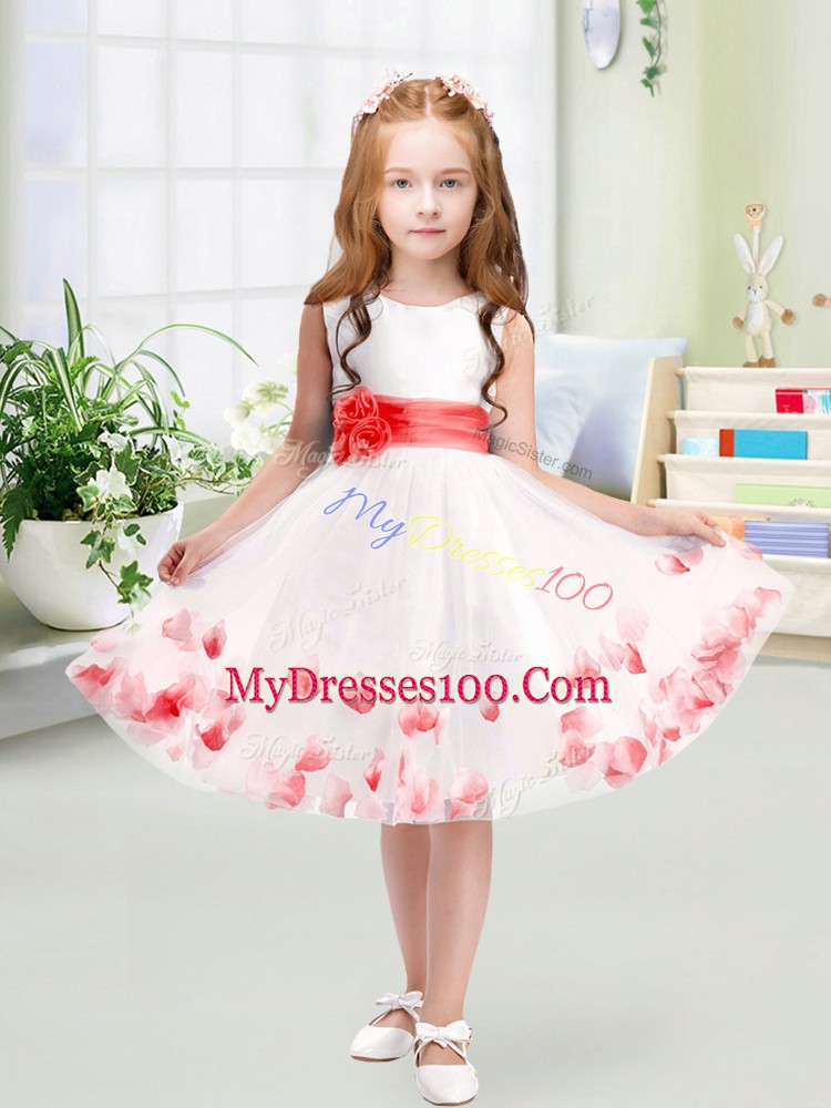 Knee Length White Toddler Flower Girl Dress Scoop Sleeveless Zipper