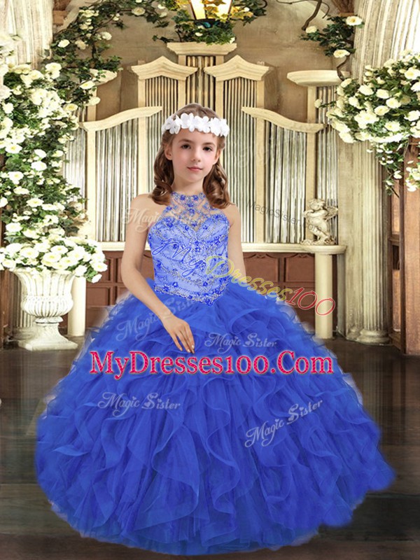 Hot Sale Ball Gowns Kids Pageant Dress Royal Blue Scoop Tulle Sleeveless Floor Length Lace Up
