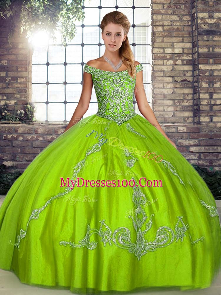 Popular Green Ball Gowns Beading and Embroidery Vestidos de Quinceanera Lace Up Tulle Sleeveless Floor Length