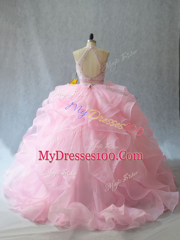 Elegant Two Pieces Sleeveless Baby Pink Sweet 16 Quinceanera Dress Brush Train Backless