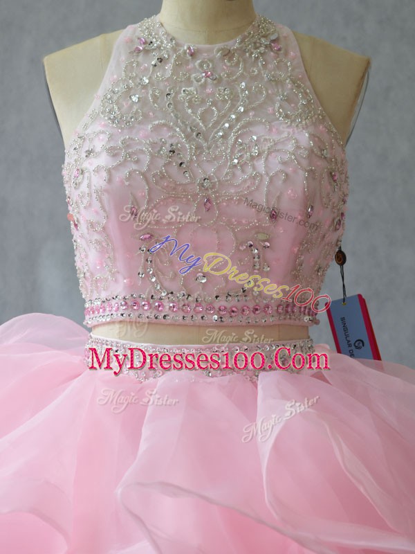 Elegant Two Pieces Sleeveless Baby Pink Sweet 16 Quinceanera Dress Brush Train Backless