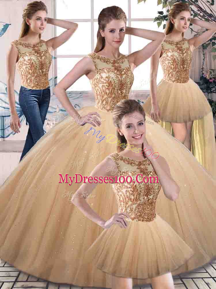 Glorious Tulle Scoop Sleeveless Lace Up Beading Vestidos de Quinceanera in Gold