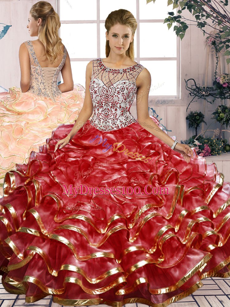 Red Organza Lace Up Scoop Sleeveless Floor Length Quinceanera Dresses Beading and Ruffles