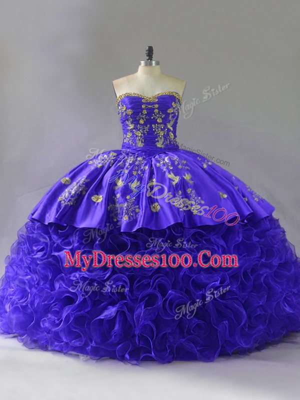 Free and Easy Fabric With Rolling Flowers Sleeveless Floor Length Quinceanera Dress Brush Train and Embroidery and Ruffles