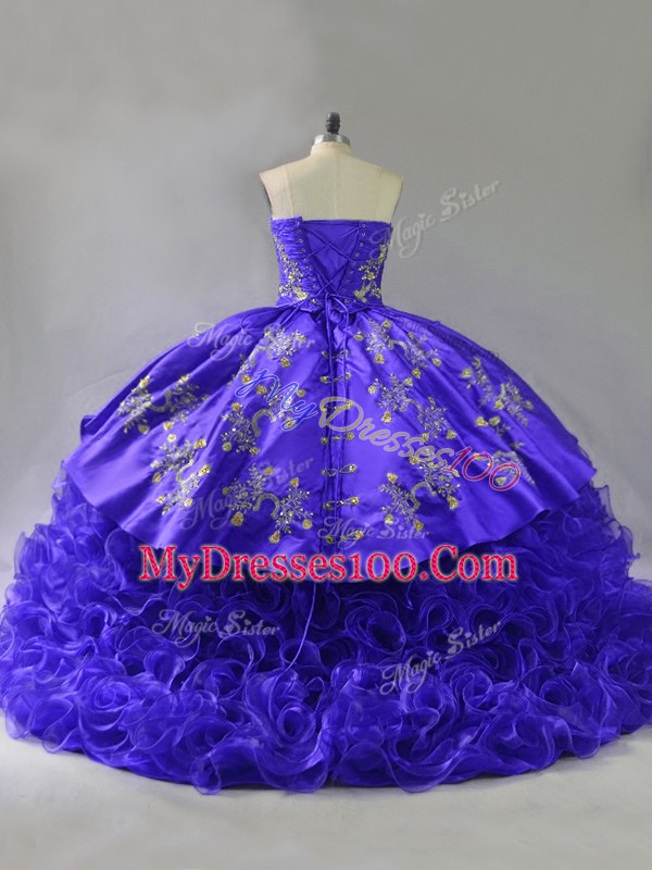 Free and Easy Fabric With Rolling Flowers Sleeveless Floor Length Quinceanera Dress Brush Train and Embroidery and Ruffles
