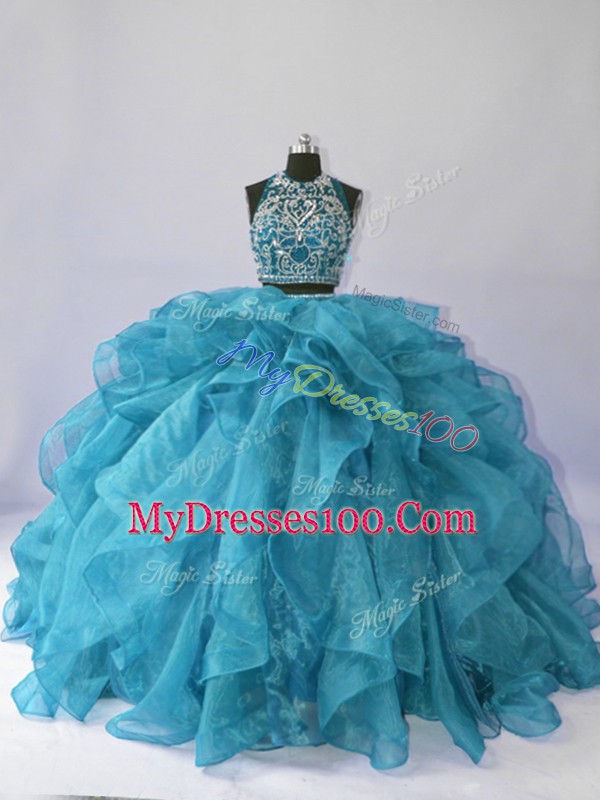 Organza Sleeveless Floor Length Quinceanera Gown Brush Train and Beading and Ruffles