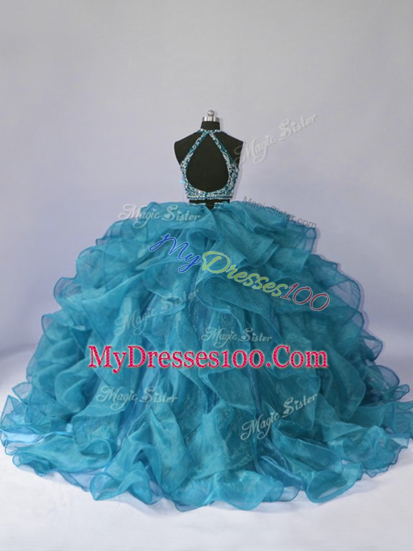 Organza Sleeveless Floor Length Quinceanera Gown Brush Train and Beading and Ruffles