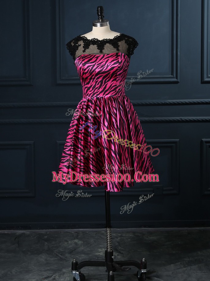 Cap Sleeves Printed Mini Length Backless Cocktail Dresses in Hot Pink with Lace