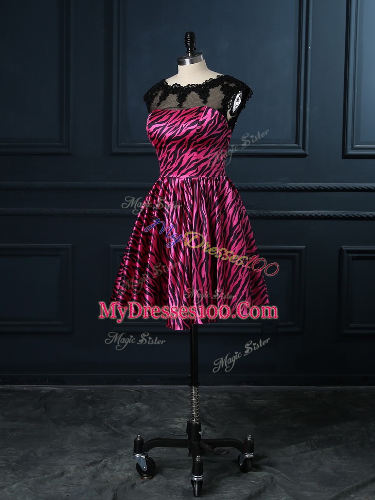 Cap Sleeves Printed Mini Length Backless Cocktail Dresses in Hot Pink with Lace