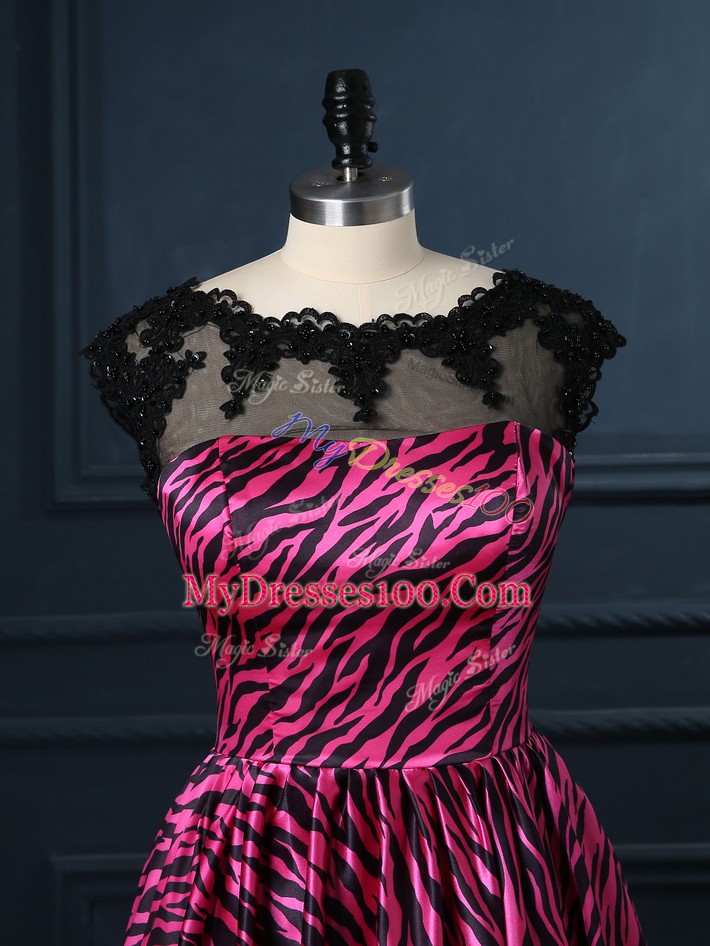 Cap Sleeves Printed Mini Length Backless Cocktail Dresses in Hot Pink with Lace